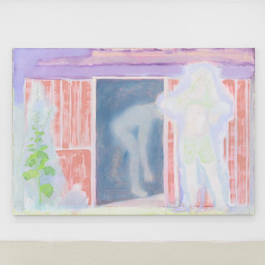 La peinture s'écaille et l'eau dévale le ciment, ils se douchent cachés dans le jardin by Simon Martin, 2023